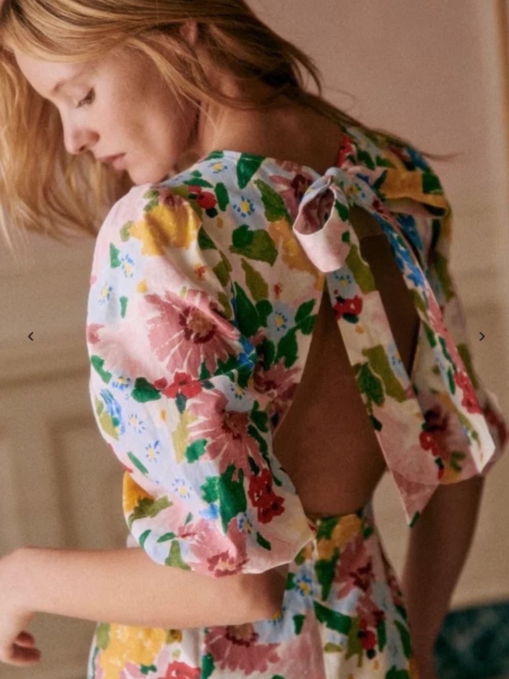 Sezane Jiana Dress Linen Blend Italy Floral Open Back Puff Sleeve Midi Luxury 4 - Picture 3 of 11